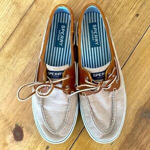 Men’s 13 Sperry tops, sliders canvas linen with leather top accents and tie